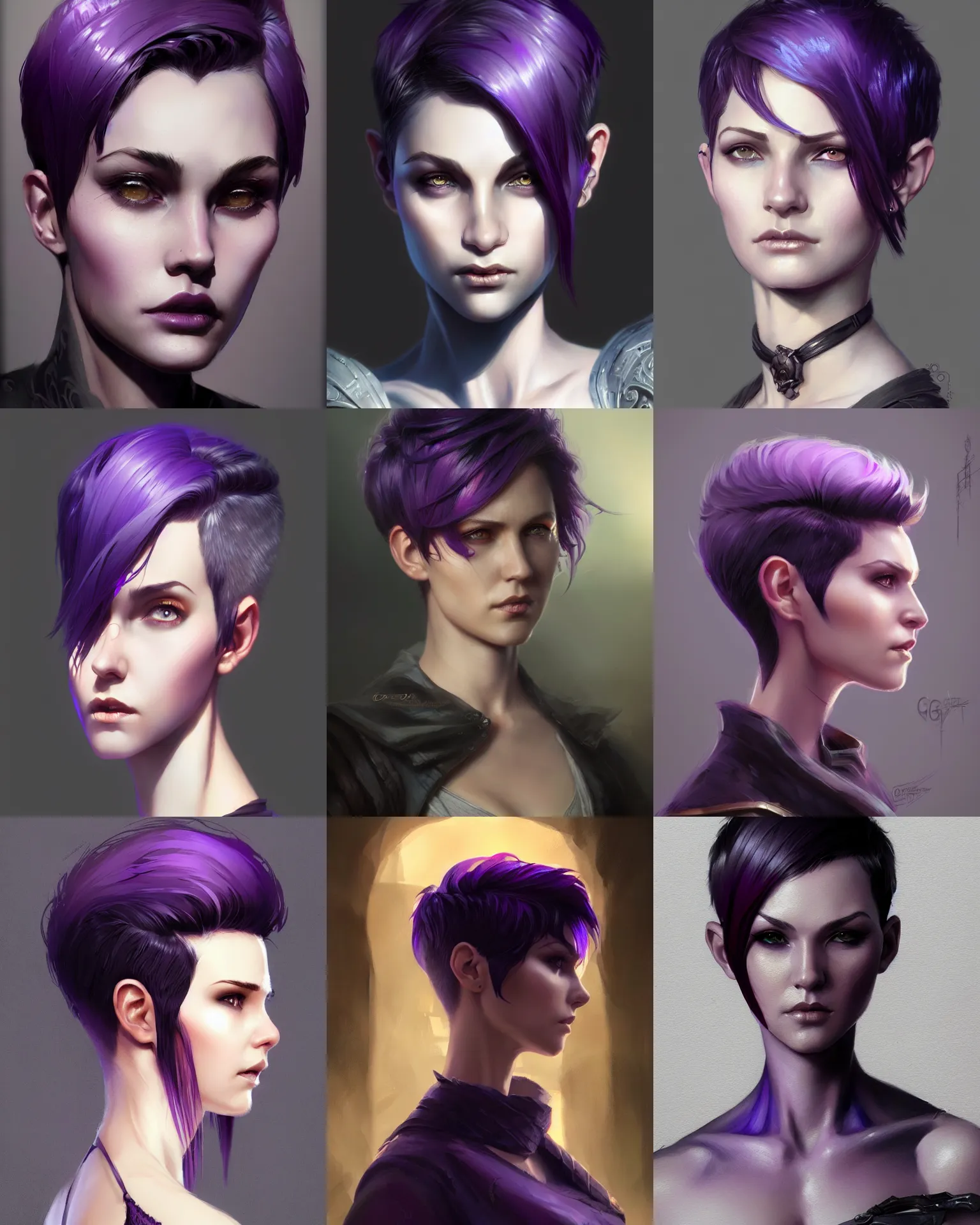 Prompt: Portrait of an attractive adult female model, D&D fantasy magic, pixie undercut hairstyle, black to purple fade hairstyle, intricate, highly detailed, digital painting, artstation, concept art, sharp focus, illustration, art by greg rutkowski and ross draws