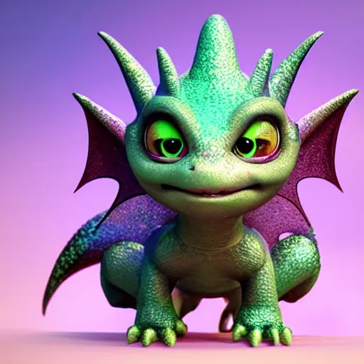 Image similar to adorable baby dragon, the dragon is purple and glittery, big eyes, Pixar CGI, octane render, kawaii