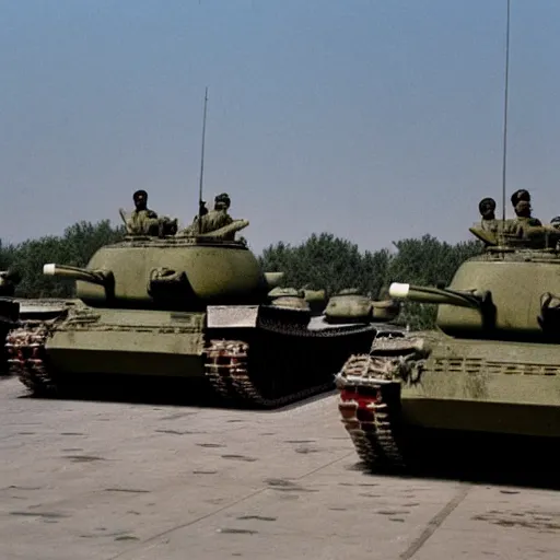 Image similar to Danny DeVito standing in front of Chinese tanks, photograph taken by AP, Tiananmen Square, Beijing