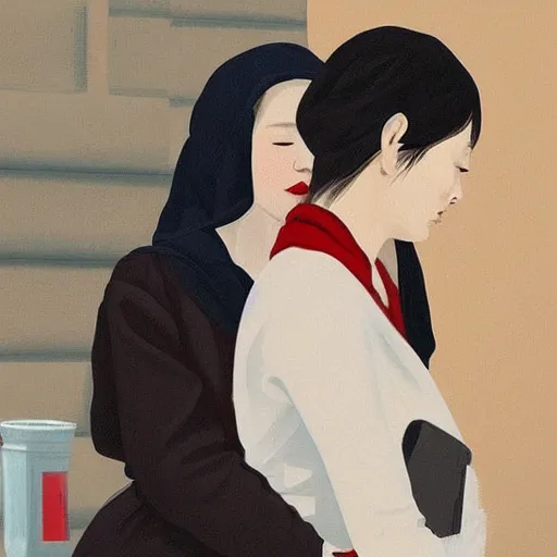 Prompt: A woman embraces another woman with her arm around her neck, she is Korean, the other a European girl, both have white skin and red lips, wearing black veils, Edward Hopper and James Gilleard style