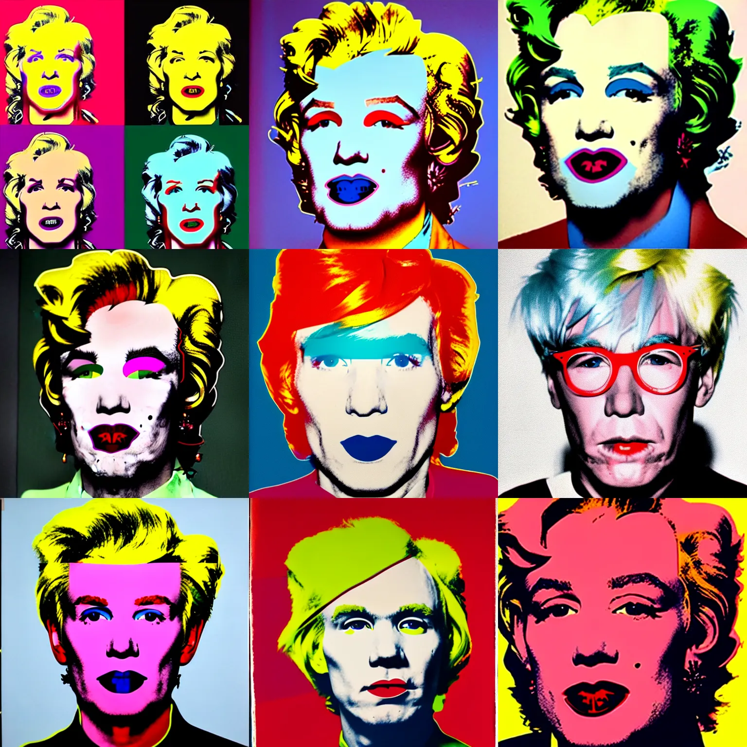 Prompt: colour portrait of andy warhol, 30 years old, who looks sternly straight into the camera, with shoulders visible in the frame. in the style of andy warhol