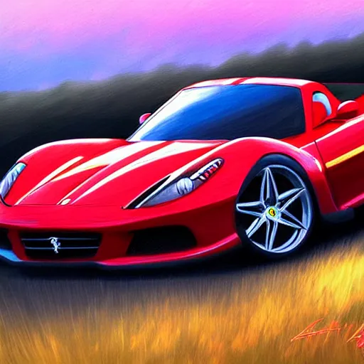 Image similar to fast sportscar reminiscent of ferrari and porsche in a lush field, shiny, red, beautiful lighting, photorealistic, sharp, sunset, by artgerm