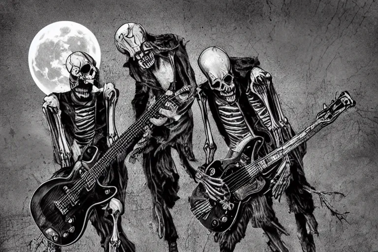 Prompt: skeleton rockers with fingers of a goat in leather jackets play guitars and screams in the cemetery, rock concert, dark night, full moon, crows on the oak tree, highly detailed digital art, photorealistic