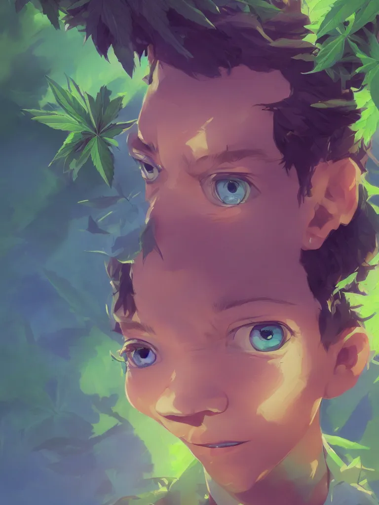 Image similar to kid with green purple flowers of marijuana hemp cannabis, behance hd by jesper ejsing, by rhads, makoto shinkai and lois van baarle, ilya kuvshinov, rossdraws global illumination, golden ratio, symmetrical beauty face