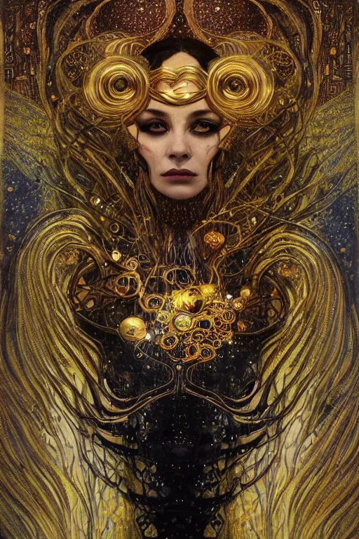 Image similar to Intermittent Chance of Chaos Muse by Karol Bak, Jean Deville, Gustav Klimt, and Vincent Van Gogh, beautiful Surreality portrait, enigma, Loki's Pet Project, destiny, Poe's Angel, fate, inspiration, muse, otherworldly, fractal structures, arcane, ornate gilded medieval icon, third eye, spirals