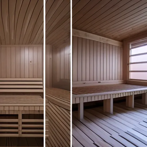 Prompt: panorama of a sauna