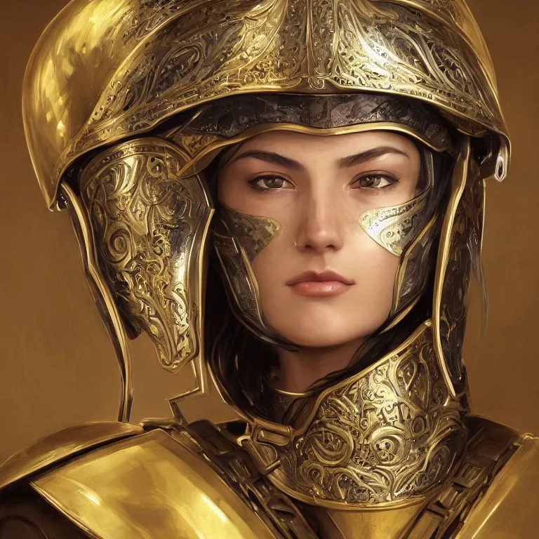 Image similar to a portrait of an attractive young female, ornate metallic helmet, clothed in battle armor, olive skin, long dark hair, beautiful bone structure, symmetrical facial features, intricate, elegant, highly detailed, digital painting, trending on Artstation, concept art, smooth, sharp focus, illustration, in the style of artgerm and greg rutkowski and alphonse mucha