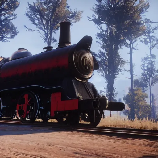 Image similar to futuristic sleek steam locomotive in red dead redemption 2