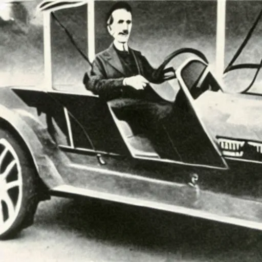 Prompt: nikola tesla driving a tesla roadster