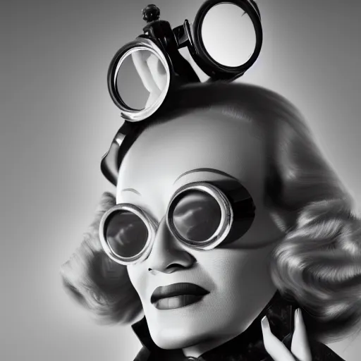 Image similar to portrait still of a young marlene dietrich wearing steampunk goggles, photorealistic, 4 k, octane render, by wayne barlow, alphonse michael,