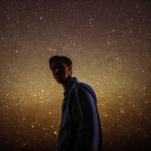 Image similar to man portrait surrounded by fireflies, 8 k photography