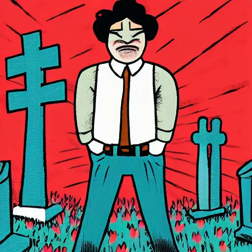 Prompt: a man in a cemetery, in the style of neckface