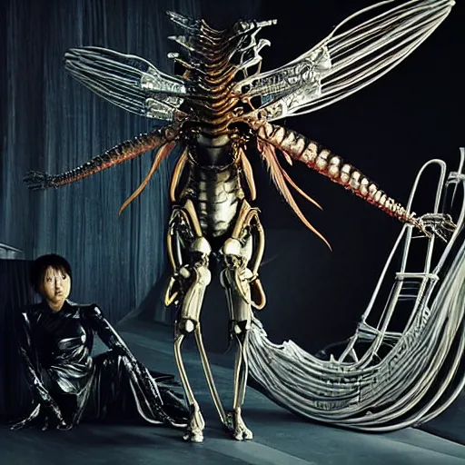 Image similar to still frame from Prometheus movie by Makoto Aida, flying biomechanical angel gynoid by giger, mimicking devil's dragon flower mantis, metal couture by neri oxmn and Guo pei, editorial by Malczewski and by Caravaggio