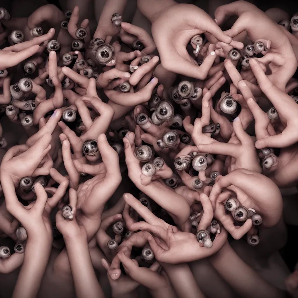 Image similar to hands holding dozens of human eyeballs, octane render, photo realistic, hyper realistic, 8 k resoluton in the style of alvin schwartz