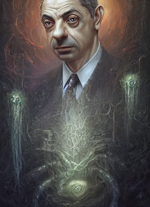 Image similar to lovecraft biopunk portrait of rowan sebastian atkinson by tomasz alen kopera and peter mohrbacher