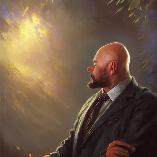 Prompt: a bald man with a goatee, art by Tony sart, Thomas kinkade