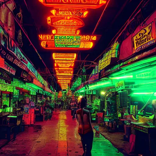 Image similar to cyberpunk black indian market, indoor in the style of blade runner, stands illuminated by greens neon lights, crowded with cyborgs photorealistic, 3 5 mm, grainy ruined film, dark color scheme, ray tracing, unreal engine, 4 k