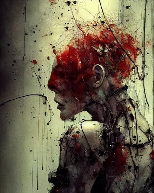 Image similar to beautiful redhead woman, wires, skulls!! machines ( by emil melmoth zdzislaw belsinki craig mullins yoji shinkawa ) realistic render ominous detailed photo atmospheric by jeremy mann francis bacon and agnes cecile ink drips paint smears!! digital glitches glitchart!!