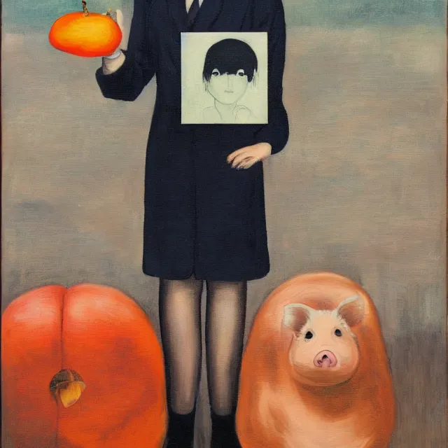 Prompt: tall emo girl artist holding small portraits and a persimmon, on shinkansen in tokyo, shinagawa station, pigs, octopus, acrylic on canvas, surrealist, by magritte and monet