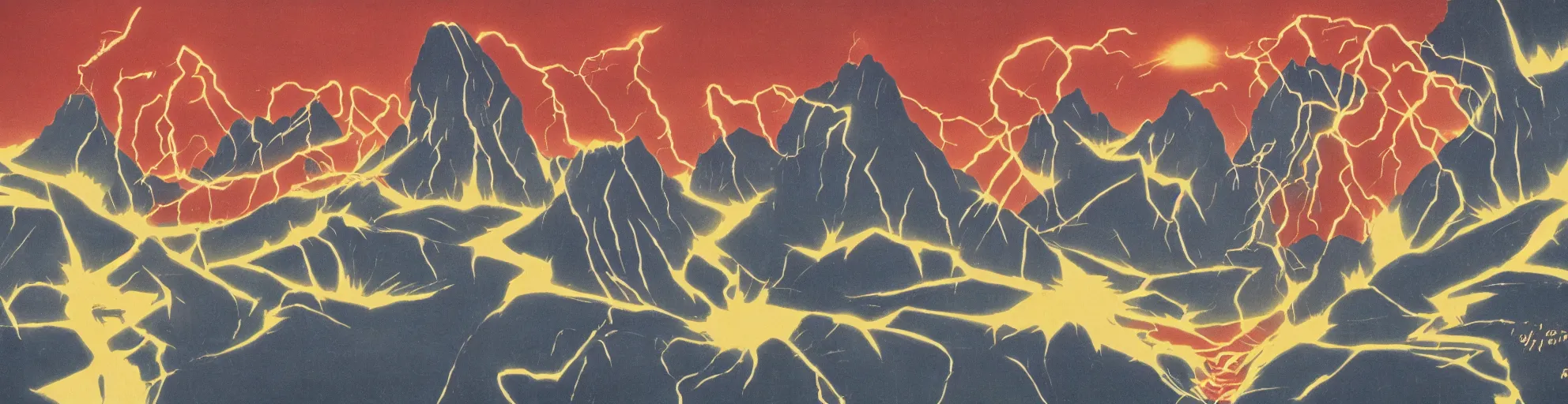 Prompt: solar montain with lightning bolts in 1940s propaganda poster