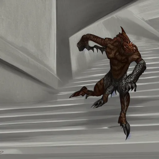 Image similar to digital painting of a dragonborn falling down the stairs, ultra realistic