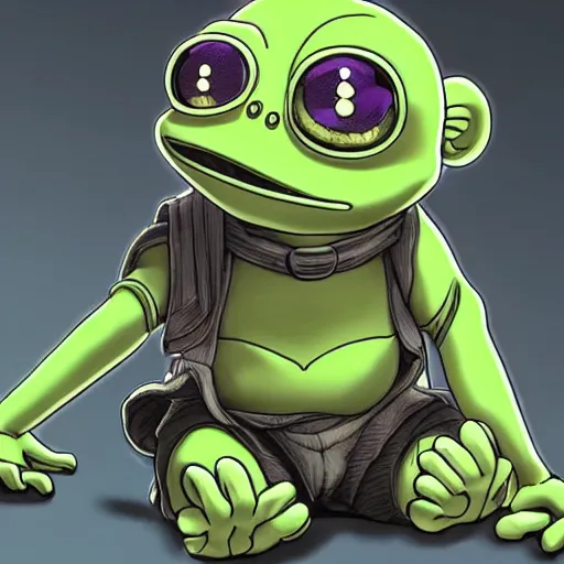 Image similar to little boy wearing an cyborg pepe the frog suit, artwork in kentaro miura and made in abyss, smooth, purple and green gamma, studio lighting, beautiful lightness, anatomically correct, trending on pixiv