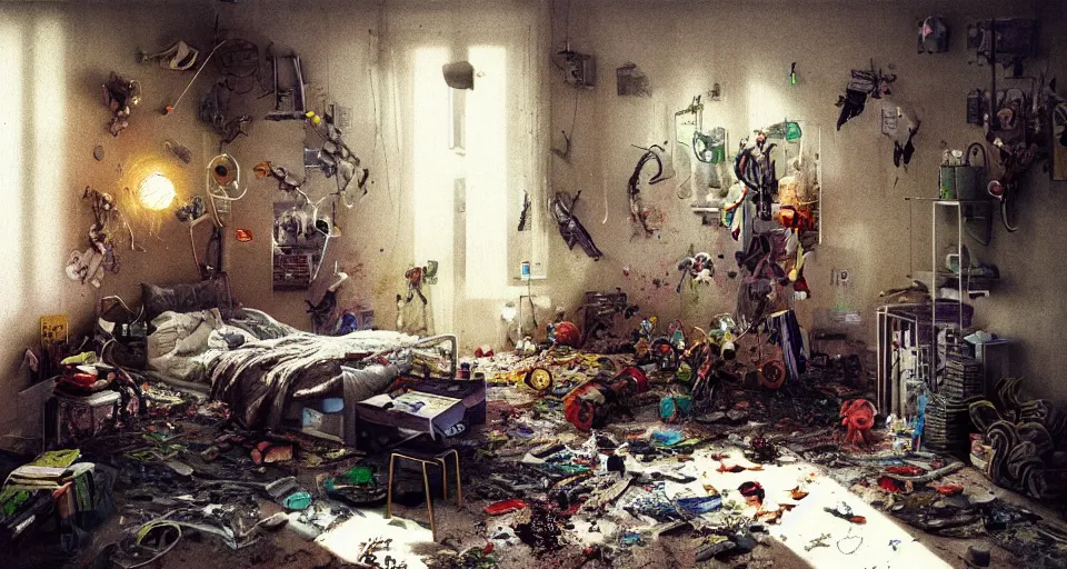 Image similar to IKEA catalogue photo, cyberpunk childrens bedroom, toys, mess, drawings, dust, organic, by Beksiński