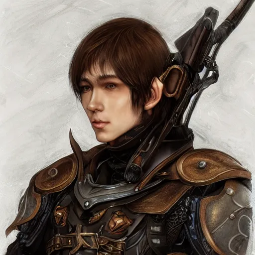 Image similar to portrait of an elf by ayami kojima, he is about 2 0 years old, russian, manly, short brown hair, slender and tall, friendly and smart, he is wearing a modern tactical gear, scifi, highly detailed portrait, digital painting, artstation, concept art, smooth, sharp foccus ilustration, artstation hq