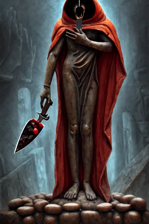 Image similar to an ancient statue of a hooded cultist is holding a bloody knife in one hand and a tomato on the other, standing in a forgotten temple to an eldritch god, by patrick mcenvoy and michael komarck and fantasy flight, incredible quality, trending on artstation