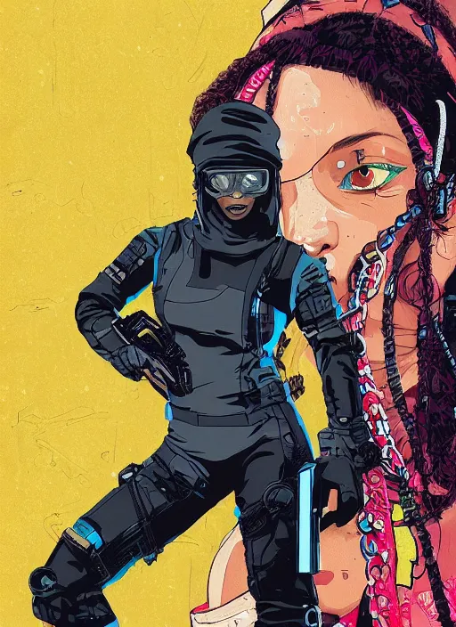 Image similar to maria igwe. cyberpunk hacker in tactical jumpsuit. portrait illustration, pop art, splash painting, art by geof darrow, ashley wood, alphonse mucha, makoto shinkai