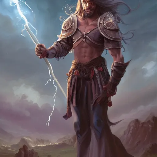 Image similar to male tiefling painter with long tied hair, full body portrait, lightning fantasy magic, medieval city background, D&D, highly detailed, digital painting, HD, ArtStation, great composition, concept art, matte, sharp focus, illustration, art by artgerm and Greg Rutkowski