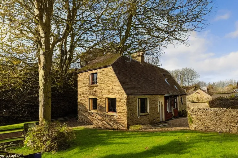 Image similar to an estate agent listing external photo of a 5 bedroom detached house made of gold in the countryside, sunny day, clear skies, by Paul Lehr