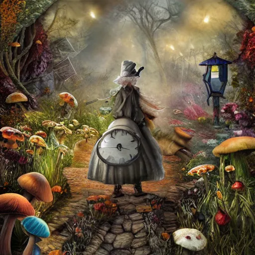 Image similar to Hell and heaven, captured in bottles, an elderly mushroom walking their pet snail, The Autumn Plague Gardener, the theme of Alice in Wonderland, digital painting, its softness partakes of fluidity, illustration, deep dark, artstation, intricate, biodiversity in a world of change and constancy, ue5, by deiv calviz and bossmonsterbani