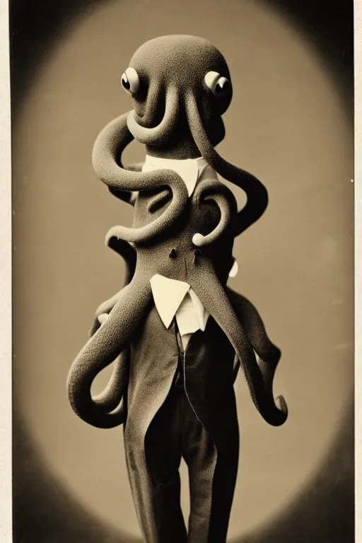 Prompt: anthropomorphic octopus , wearing a suit, tentacles spilling out of the collar, vintage photograph, sepia