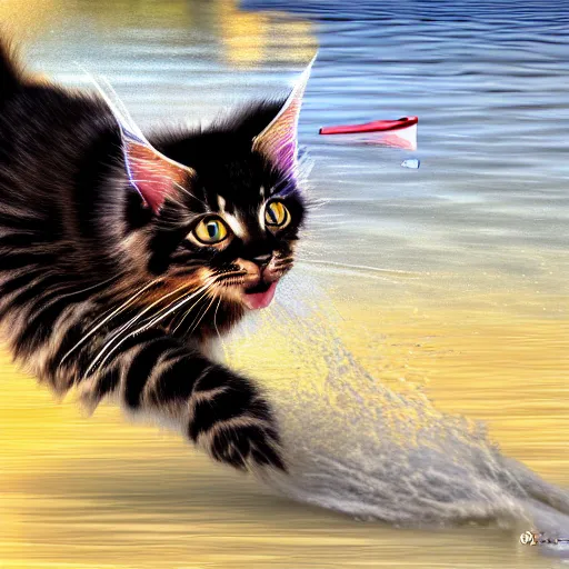 Image similar to Anthromorphic Maine coon kitten is a Water skiing champion, action shot. At south beach FL. 3D render, by Lenoid afremov