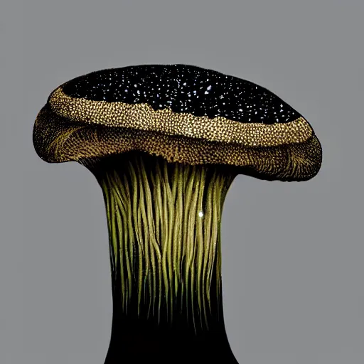 Image similar to beautiful roud mushroom cap, bottom view, luminous lamellae are clearly visible, Giger, black background, hyper realism, epic composition