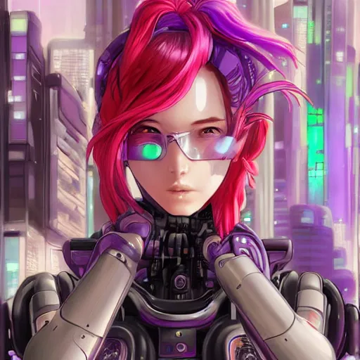 Image similar to A beautiful painting of a cyberpunk anime girl with purple hair and an a huge robot arm sensual stare, augmentations and cybernetic enhancements neon circuits, by Stanley Artgerm Lau, WLOP, Rossdraws, James Jean, Andrei Riabovitchev, Marc Simonetti, and Sakimichan, trending on artstation, hyperrealist, cinema4D, 8k highly detailed ❤️‍🔥 🔥 💀 🤖 🚀