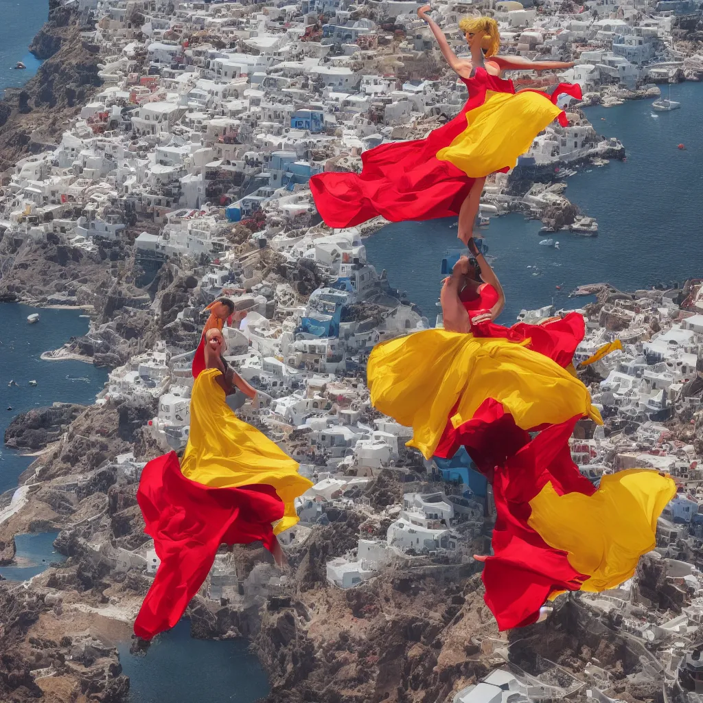 Image similar to beautiful modern dancer wearing a red and yellow and blue swirling dress, standing on a Santorini terrace looking at the ocean, artstation, cinematic, hyperrealistic, octane render, dynamic lighting