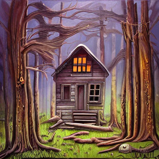 Prompt: a painting of a Eerie cabin in the middle of the woods in the style of a death metal album cover