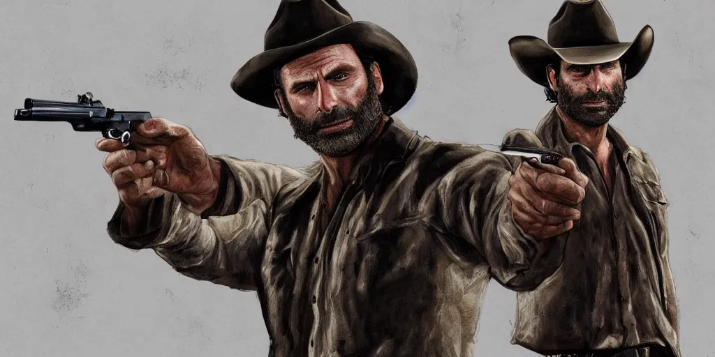 Image similar to highly detailed photo of rick grimes holding a revolver and wearing a cowboy hat, digital painting, trending on artstation, high resolution, transparent background