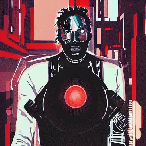 Image similar to portrait of kawhi leonard as half terminator with a robot eye in a scenic environment by conrad roset, watercolors, cybernetically enhanced, hyperdetailed, cyberpunk, cool, trending on artstation