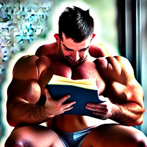 Image similar to strong buff man reading a book , award winning photograph , HD , 4k