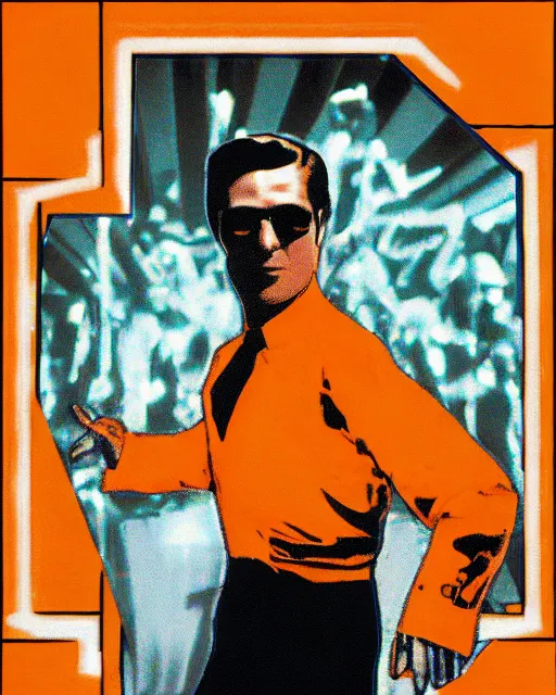 Image similar to leonard nimitz as orange suited tony manero in saturday night fever dancing at a disco with a glowing illuminated multicolored square tile floor