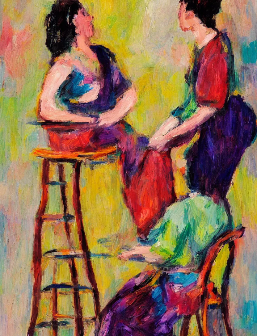 Image similar to A woman sitting on a stool reaching behind her with one hand. Close Shot. In the Style of Matthew Smith. Thick and colorful brush strokes.