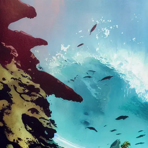 Prompt: ocean scenery in hawaii by ashley wood and maciej kuciara and john harris