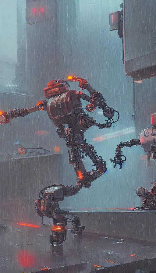 Image similar to a dieselpunk robot duels a cyberpunk robot, raining, sharp focus, james gilleard, cinematic, game art, extremely detailed digital painting