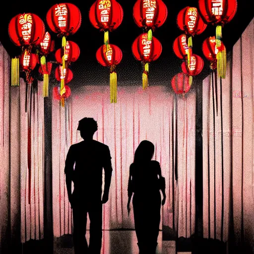 Prompt: night club, a few red chinese lanterns, people's silhouettes, minimalism, asian movies 2 0 0 0 atmosphere