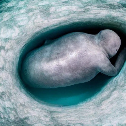 Image similar to An award winning photo of a Ningen resting in it's underwater cave, hyper realistic, 4K ultra HD