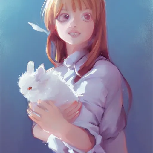 Image similar to portrait of a cute girl holding a white rabbit looking directing at camera, strong brush stroke, very high detailed, symmetrical face, sharp focus, illustration, morandi color scheme, art station, by krenz cushart, h 7 0 4