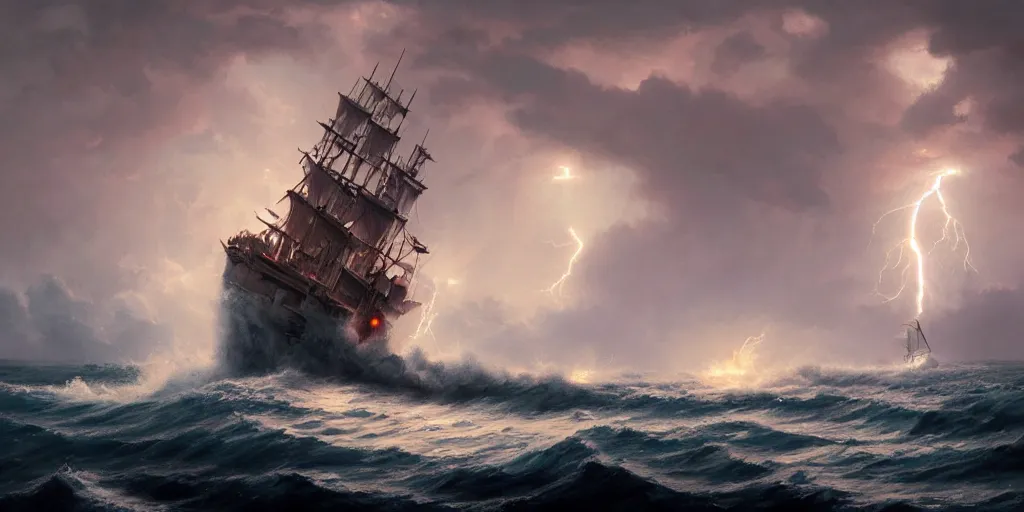 Prompt: Lightning striking a pirate vessel as it sails on wild ocean waters during a thunderstorm, crashing waves, cozy wallpaper, 4k, trending on Artstation, award-winning, art by Greg Rutkowski